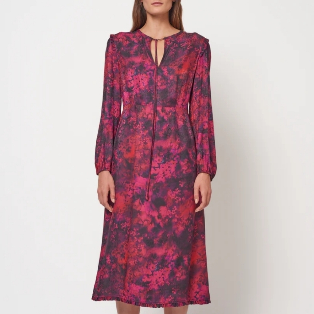 Raquel Allegra Romance Midi Dress In Bordeaux Flowers Elegant Luxury Designer